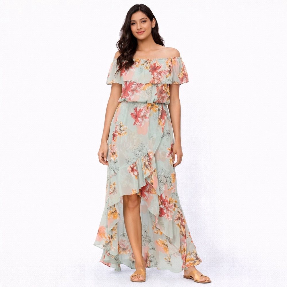 Women's EXPRESS High Low Dress XS Light Green Floral Off-Shoulder